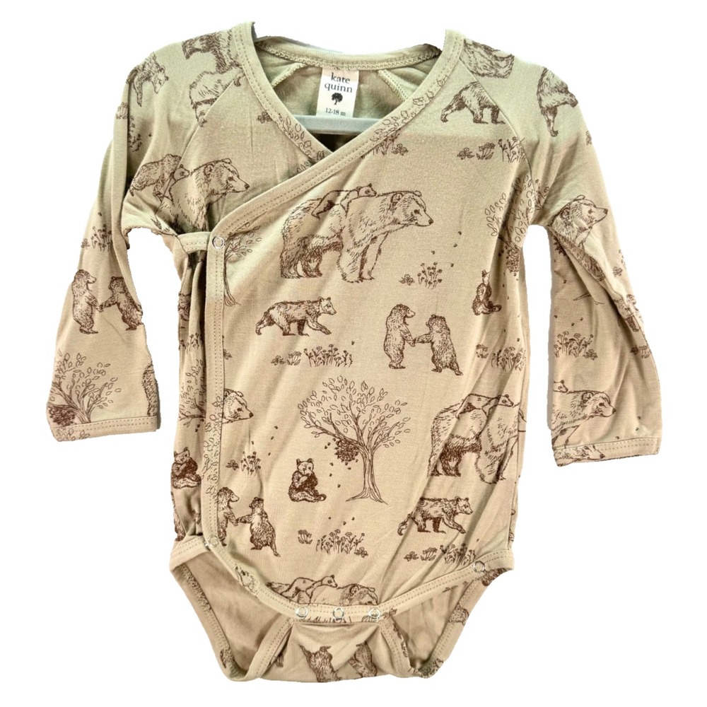 Kate‎ Quinn Bear Print Bamboo Crossover Bodysuit Long Sleeve Unisex 12–18M